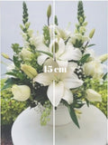 Discreto y elegante arreglo floral podrá hacer llegar como un mensaje de solidaridad a esa persona que desea acompañar. Arreglo con rosas blancas y casablancas. Sensibles a lo delicado de estos momentos; te invitamos a hacerte presente a través de este arreglo floral. Arreglo en maceta blanca de cerámica con rosas blancas, casablancas y follaje en tonos verde. Medidas aproximadas: Altura promedio: 45 cm. Ancho promedio: 38 cm. El tono de las flores puede variar de acuerdo a la disponibilidad.