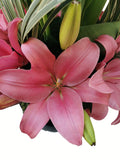 Nuestro orgullo! .... Arreglo floral de tulipanes rosas y lilis rosas que dejará sin palabras y causará una enorme emoción a quien lo practicó!. Especificaciones del Arreglo: Follaje, Esfera de cristal color negro, Mensaje impreso, Altura promedio del arreglo: 70 cm